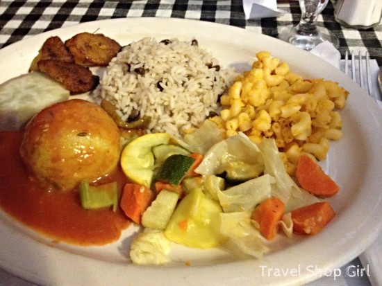 West Indian Delight: Sweet plantains, peas and rice, macaroni and cheese, veggies, funghi (cornmeal mush), and sweet potatoes