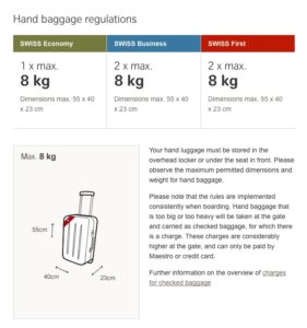 swiss air hand baggage weight limit